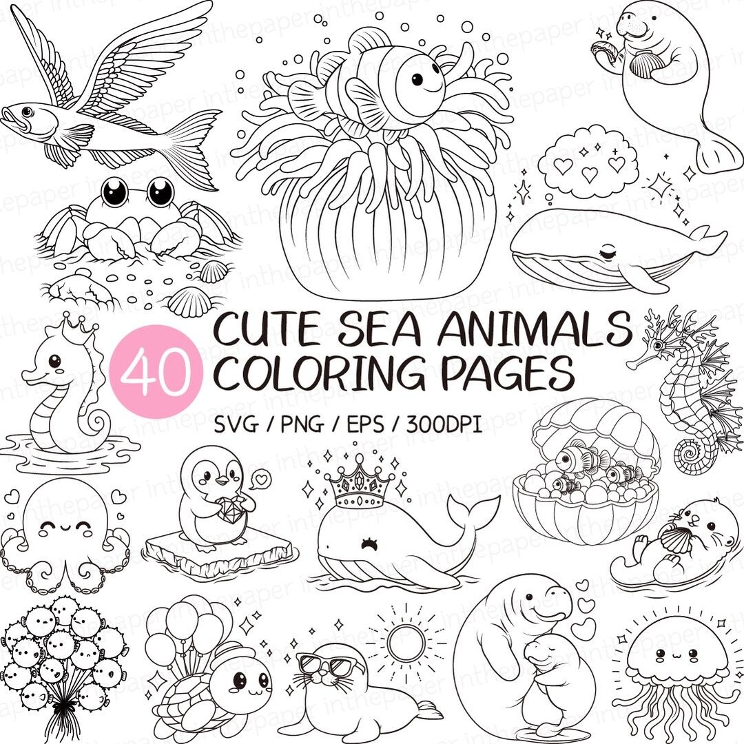 Cute Sea Animals Coloring Pages SVG PNG Ocean Black Silhouettes Whale Dolphin Shark Turtle Octopus Jellyfish Stingray Seahorse Otter Seal Etsy