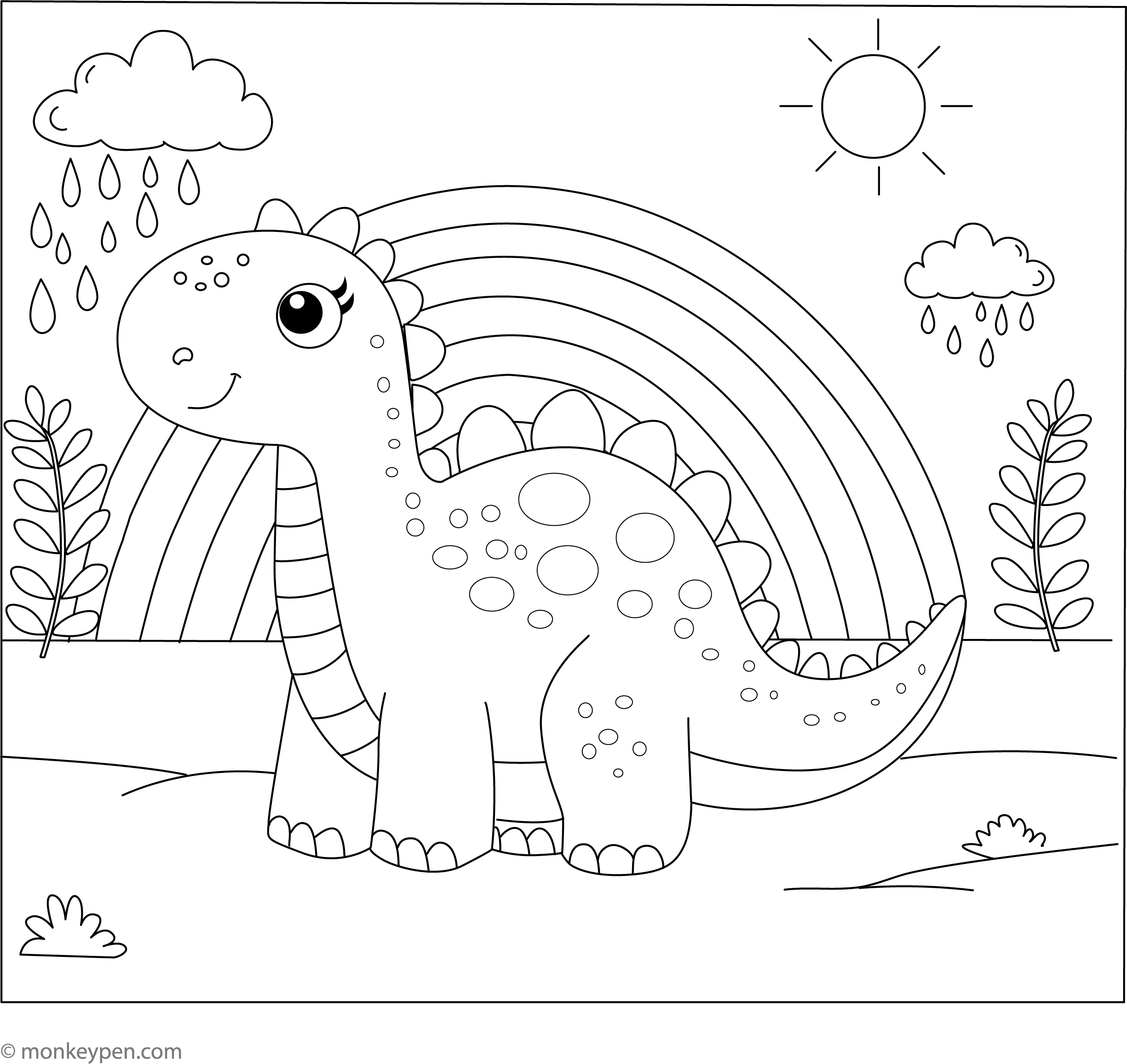Dinosaur And Rainbow Free Printable Coloring Page
