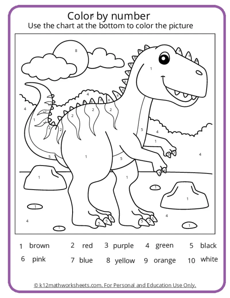 Dinosaur Color By Number Pages K12 Math Worksheets
