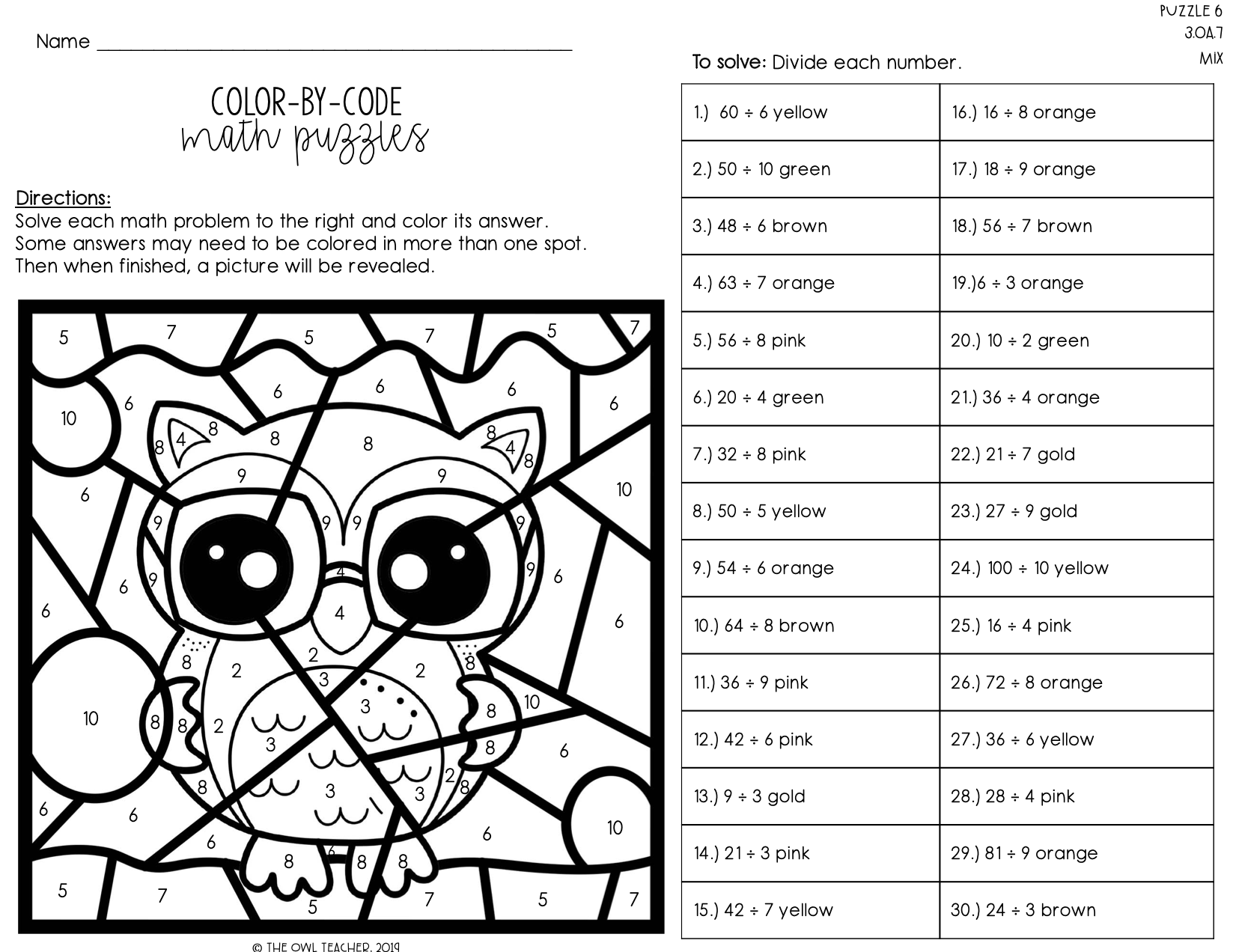 Division Facts Color By Number The Owl Teacher Division Facts Color By Number The Owl Teacher