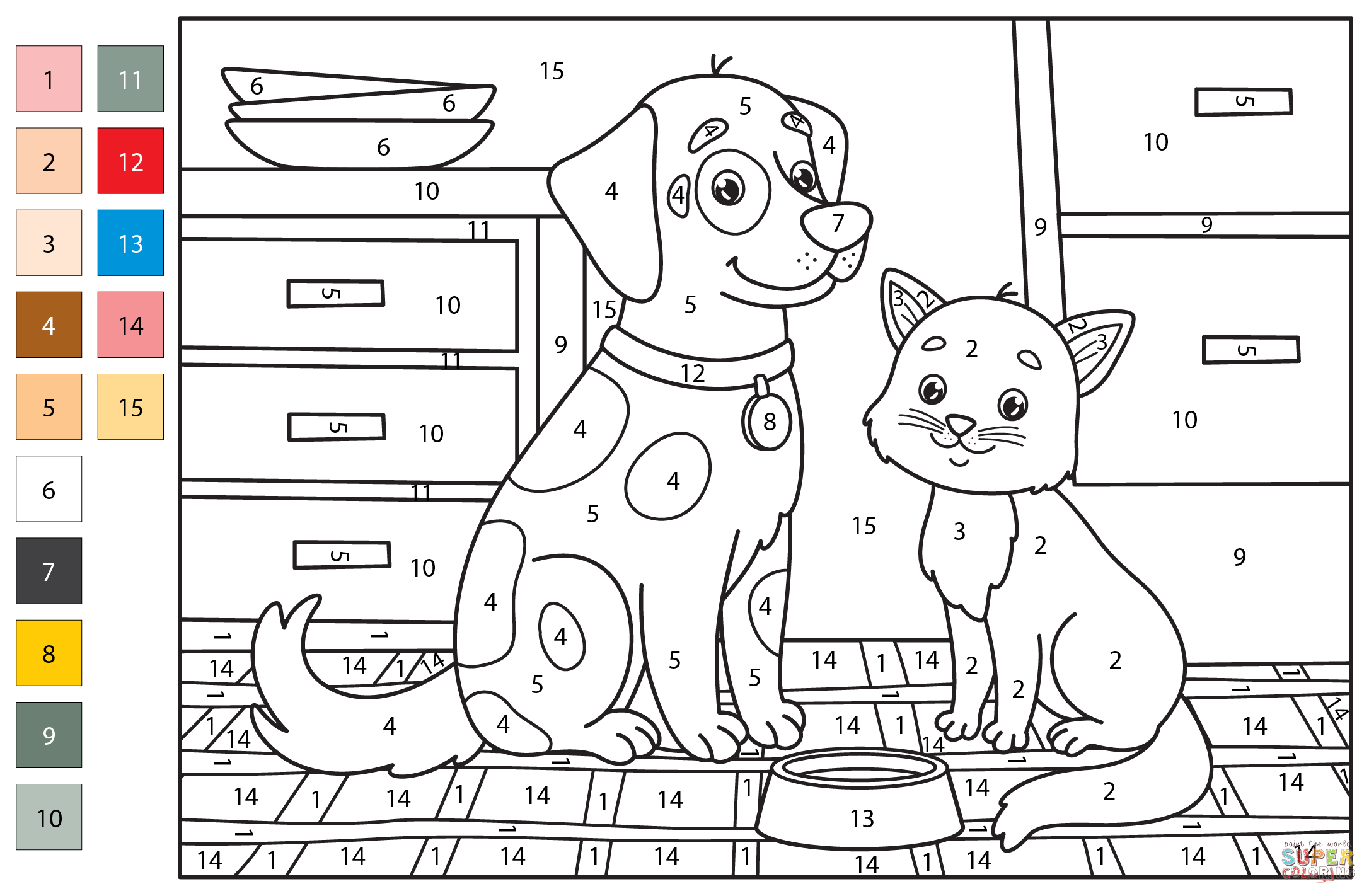 Dog And Cat Color By Number Coloring Page Free Printable