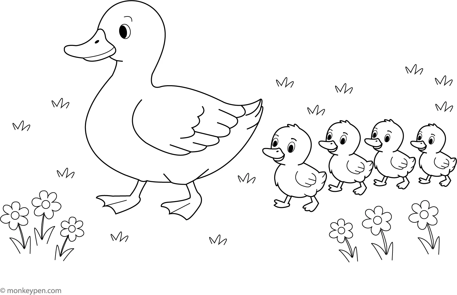 Ducklings Following Mother Duck Free Downloadable Coloring Page