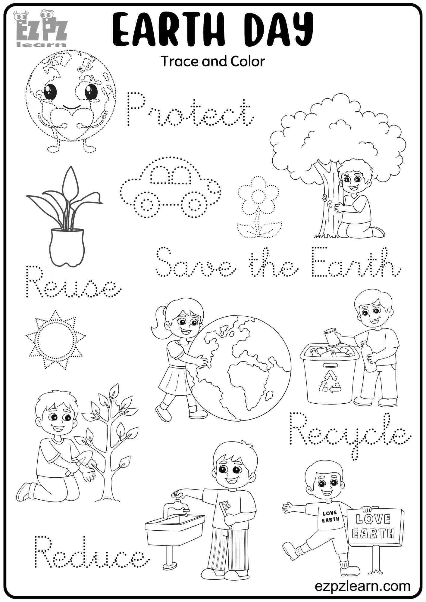 Earth Day Trace And Color Activity For Kids Free Printable PDF Ezpzlearn