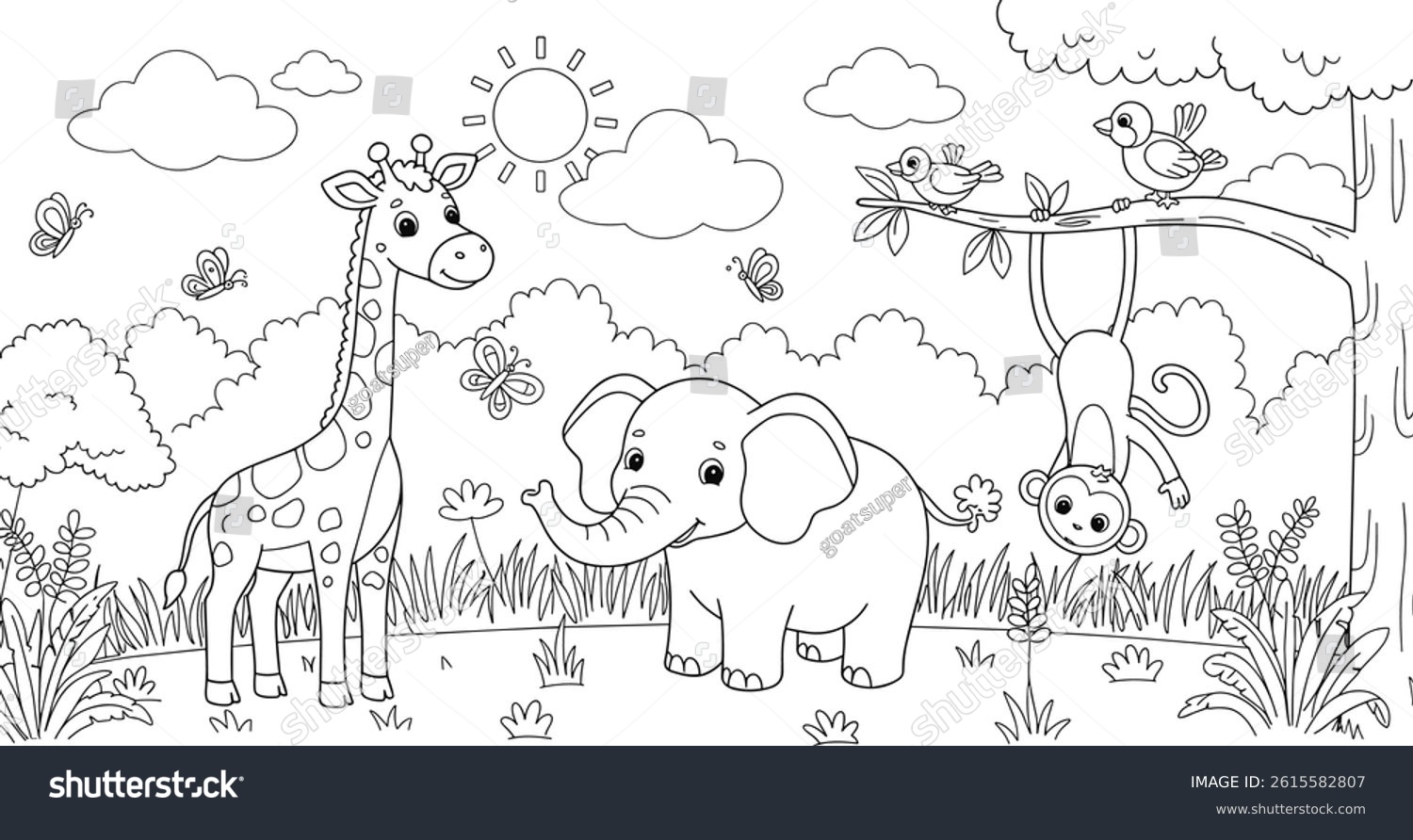 Easy Jungle Animals Coloring Sheet Kids Stock Vector Royalty Free 2615582807 Shutterstock