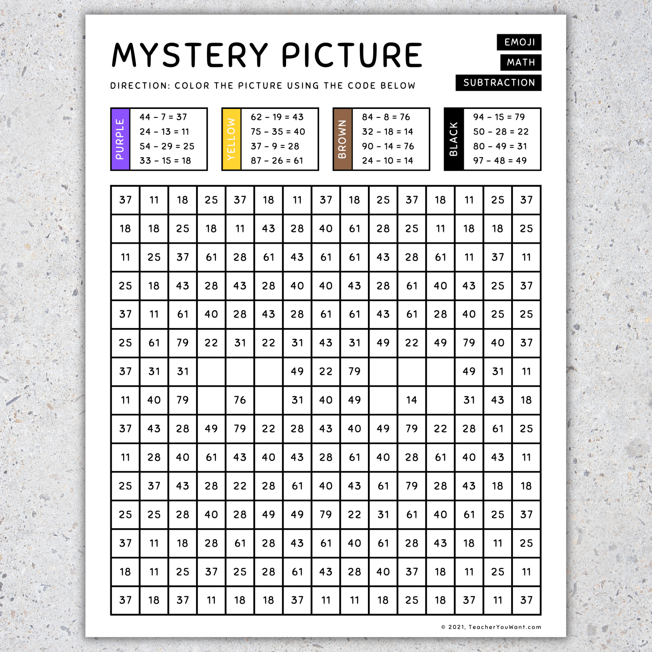 Emoji Mystery Picture Subtraction Color By Number Back To School Made By Teachers Emoji Mystery Picture Subtraction Color By Number Back To School Made By Teachers
