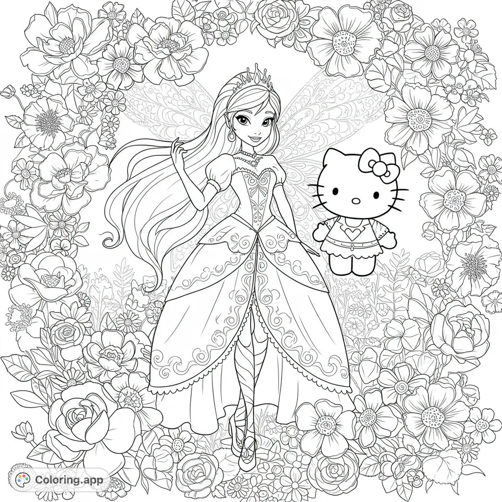Fairy Princess Floral Hello Kitty Coloring app
