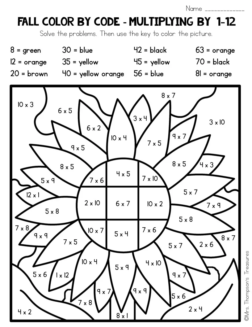 Fall Multiplication Color By Code Mrs Thompson s Treasures