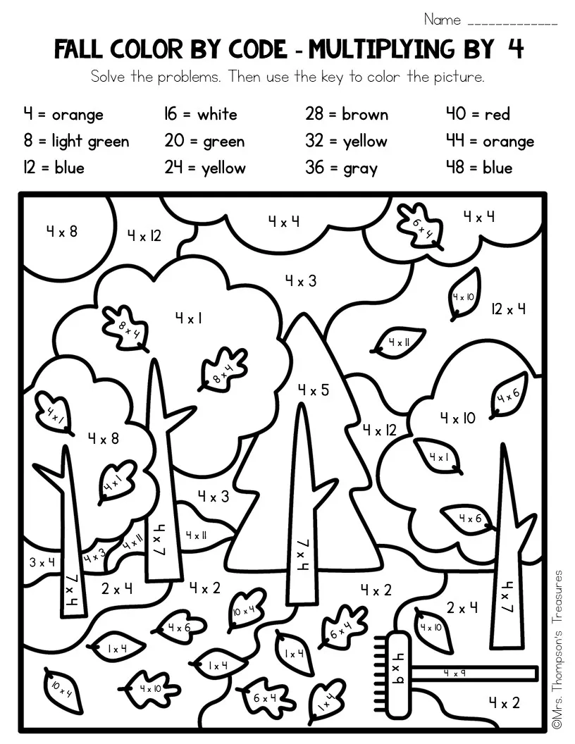 Fall Multiplication Color By Code Mrs Thompson s Treasures