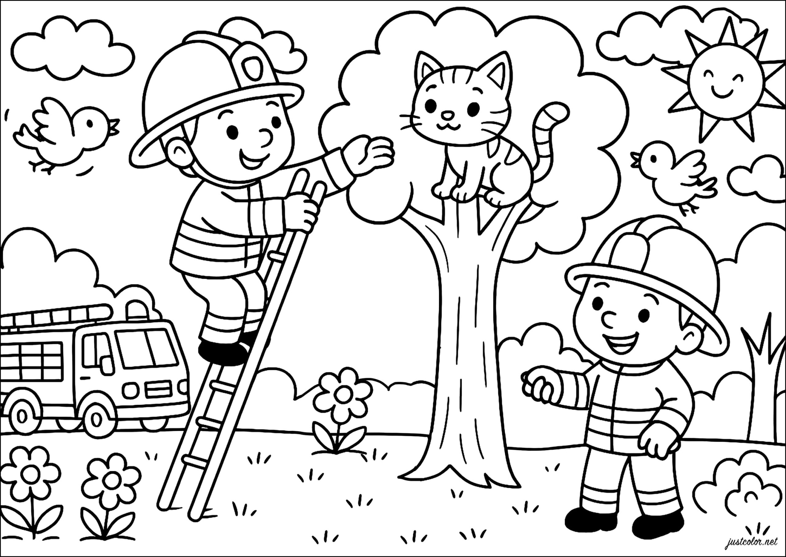 Firefighters Rescue Kitten Fire Department Coloring Pages