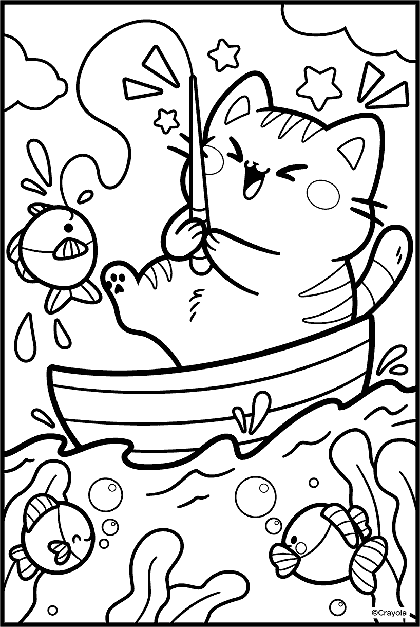 Fishing Cat Cute Coloring Page