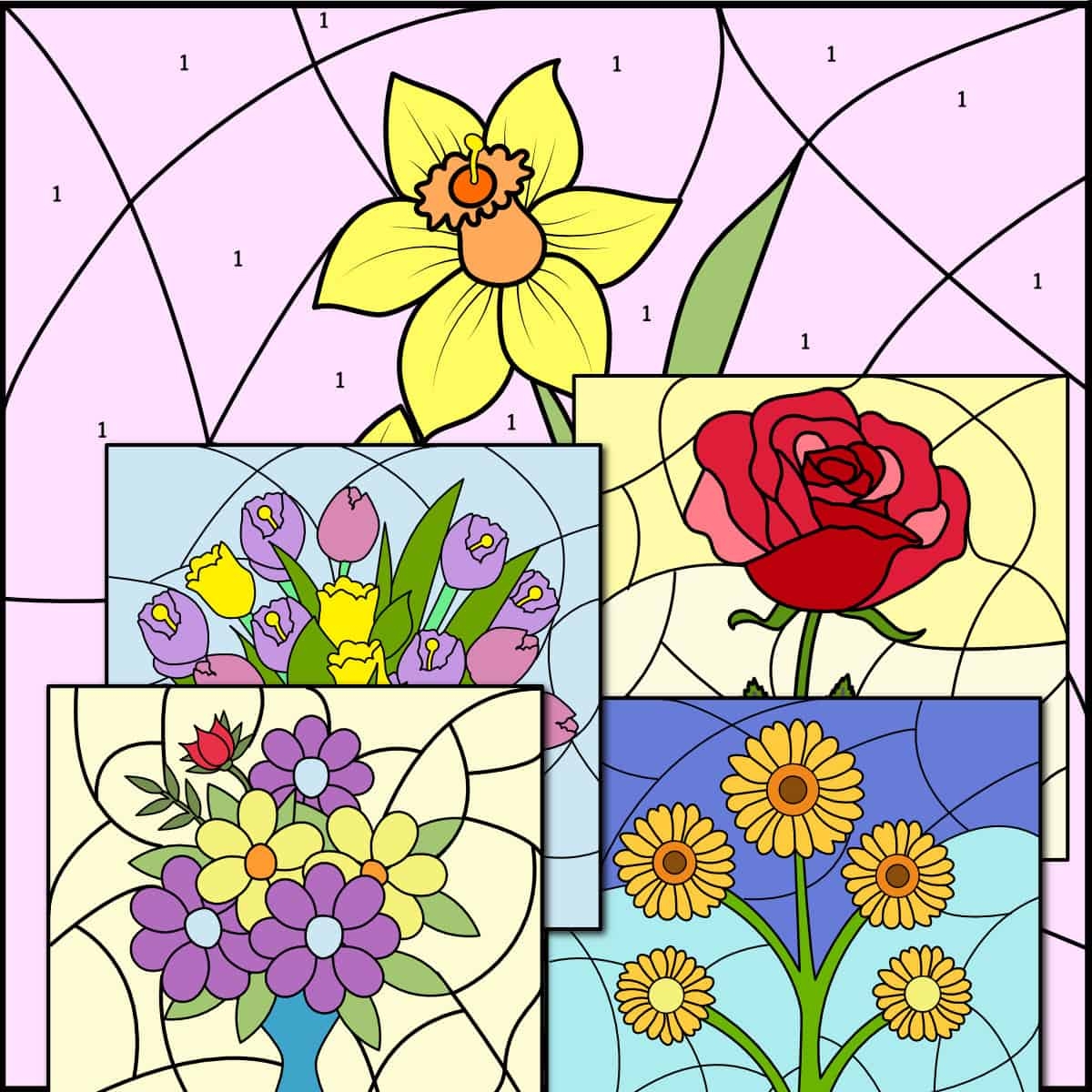 Flower Color By Number Coloring Pages 8 Free Printables Artsy Pretty Colors