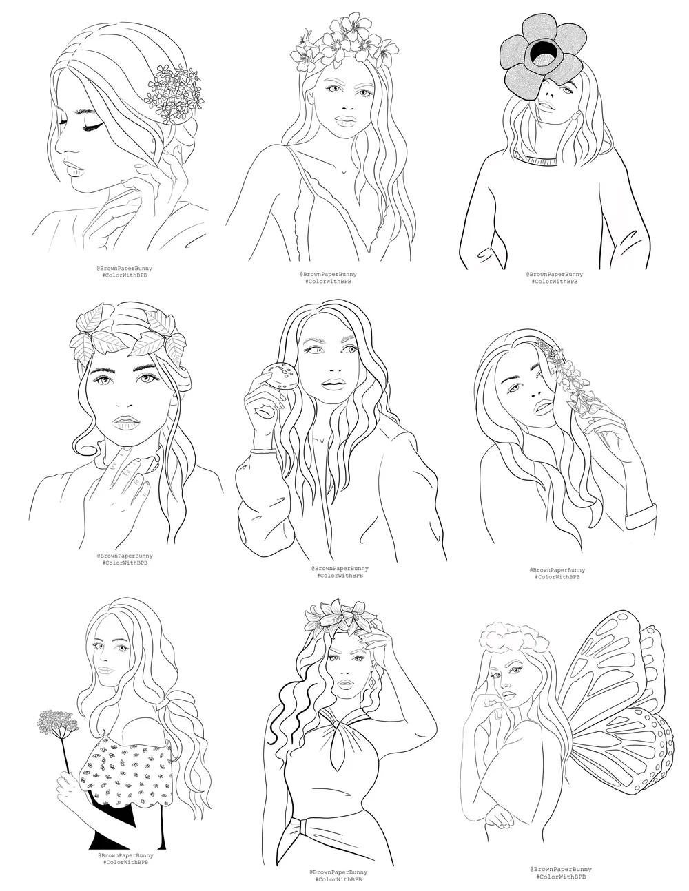 Flowers And Faces Coloring Book Brown Paper Bunny Studio