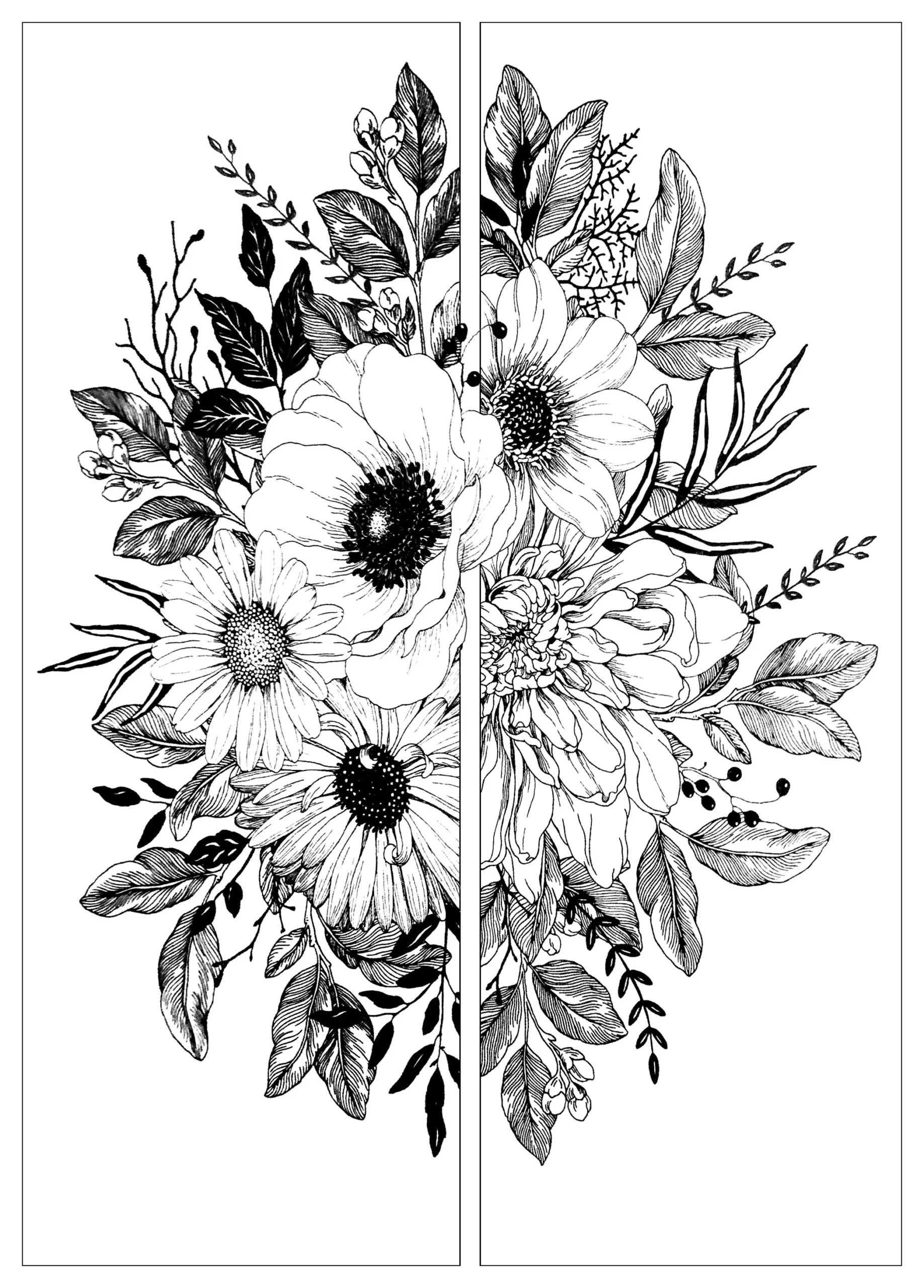 Flowers In Two Parts Flowers Vegetation Coloring Pages For Adults