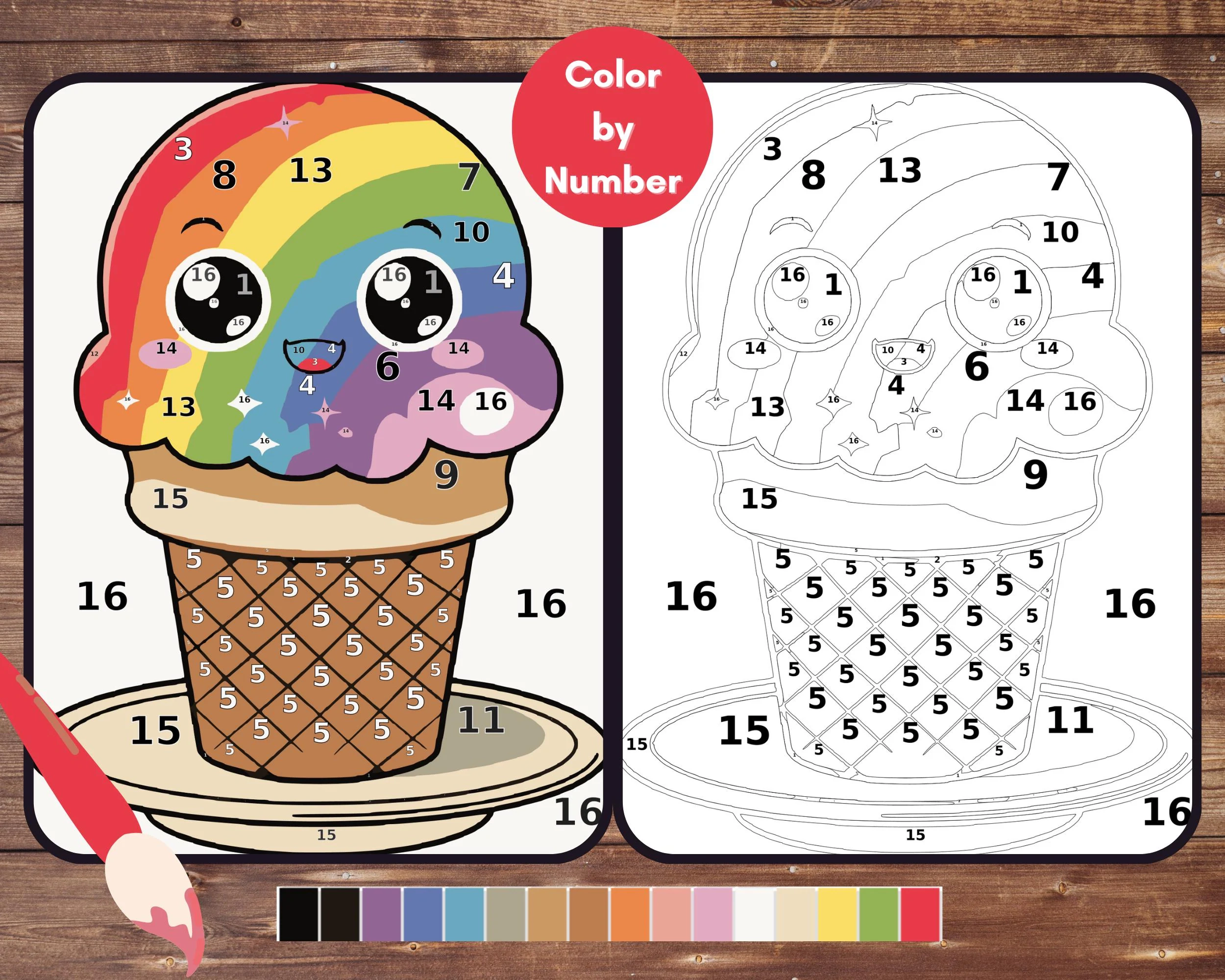 Food Kawaii Color By Number Easy Rainbow Ice Cream Cone Paint By Number Printable Coloring Pages Digital Download PDF PNG SVG Etsy