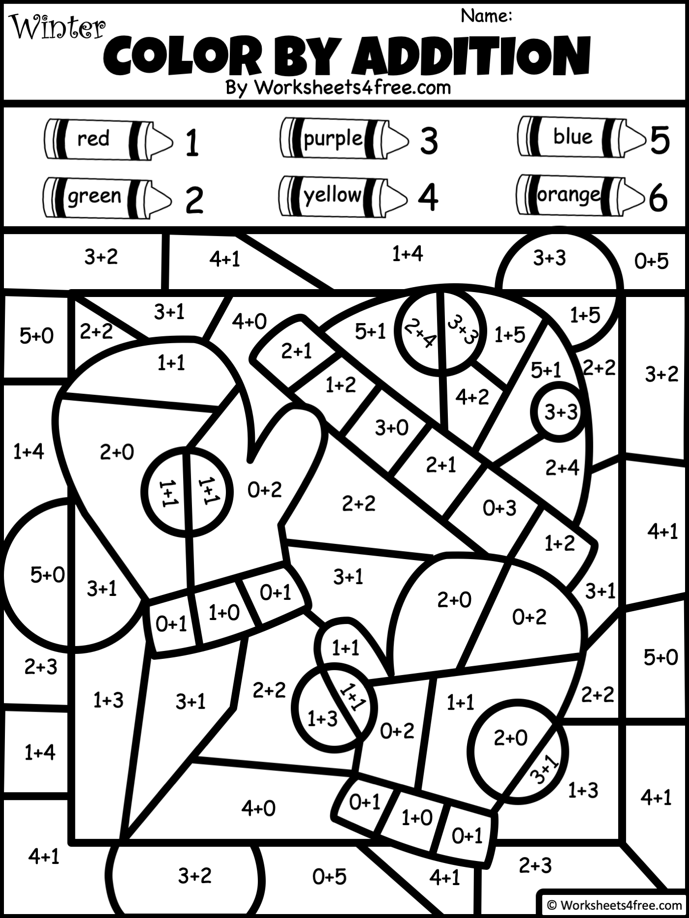 Free Color By Addition Mittens Sums To 6 Worksheets4Free