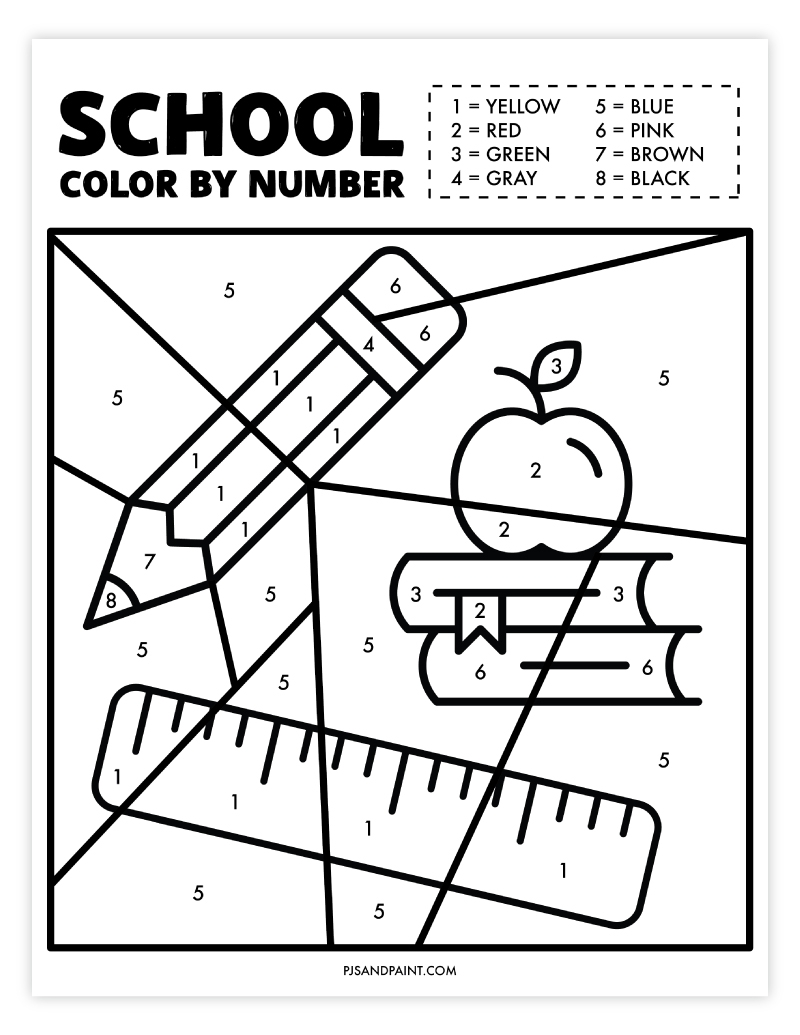 Free Printable School Color By Number Worksheet Pjs And Paint