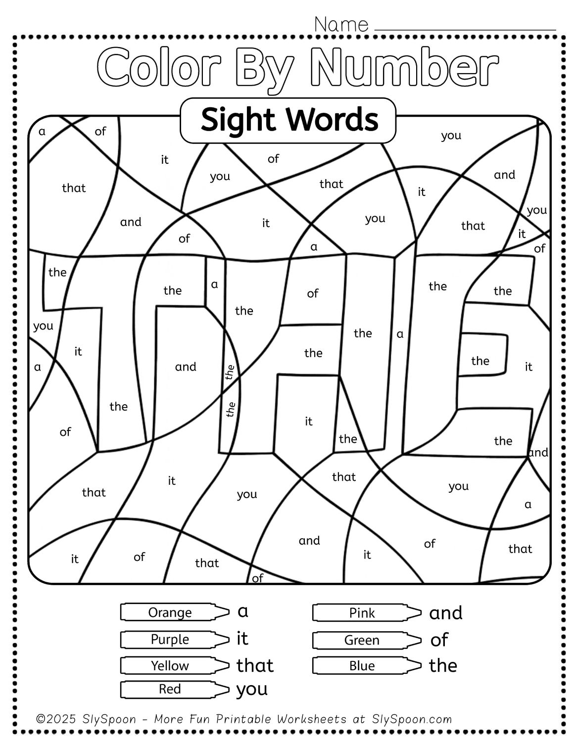 sight word color by number