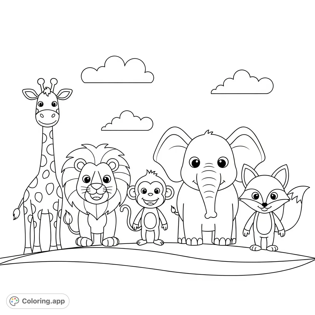 Friendly Cartoon Animal Lineup Coloring app