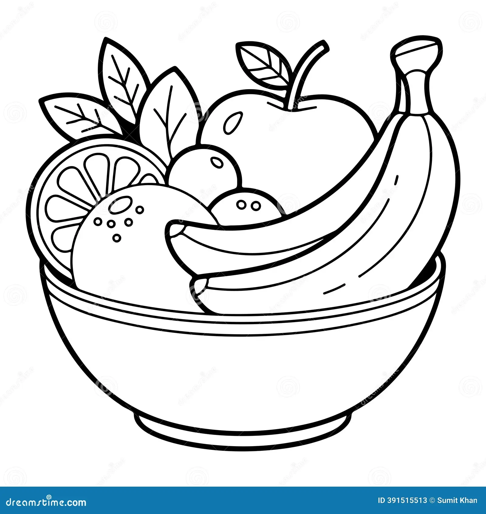 Fruit Bowl Illustration With Bananas Apple And Orange Slice Stock Vector Illustration Of Graphic Leaves 391515513