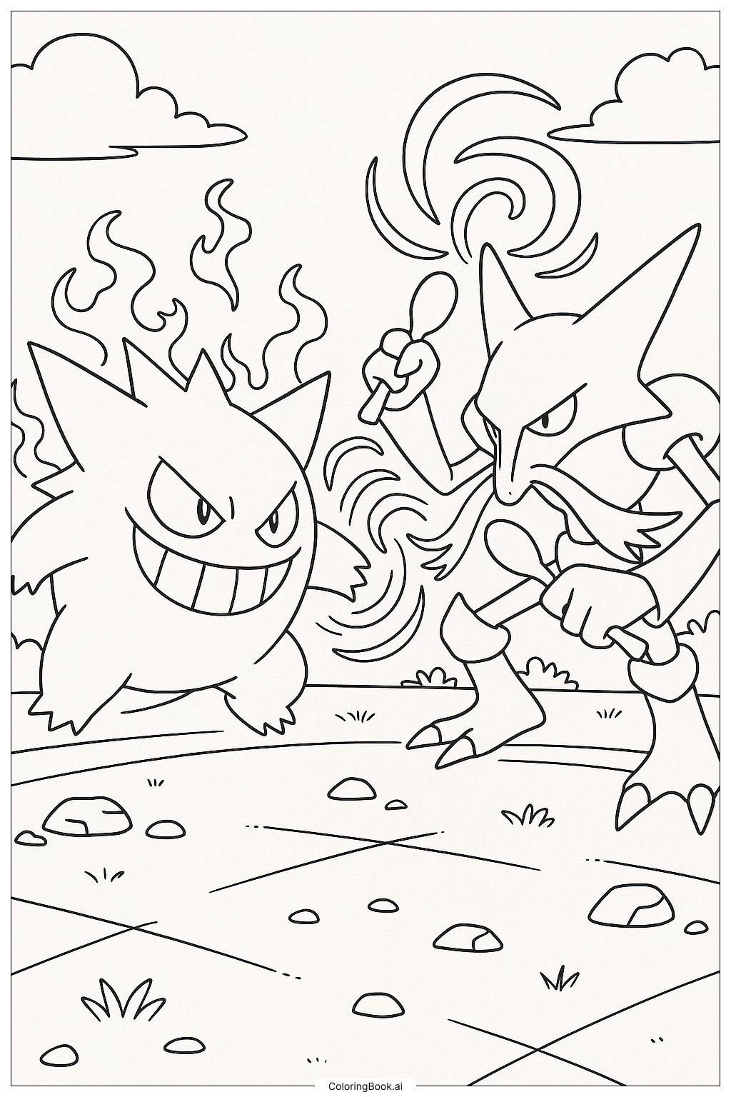 Gengar With Gastly And Haunter Coloring Page Free PDF PNG Printable 