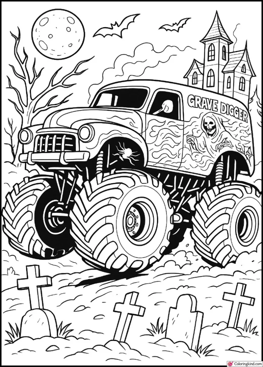 Grave Digger Racing Through A Haunted Graveyard At Night Coloringkind Printables