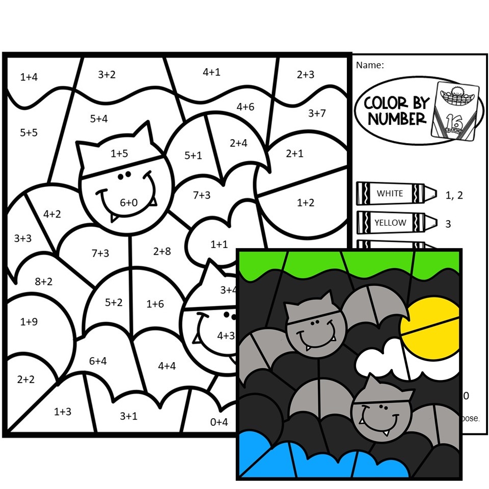 halloween color by number addition