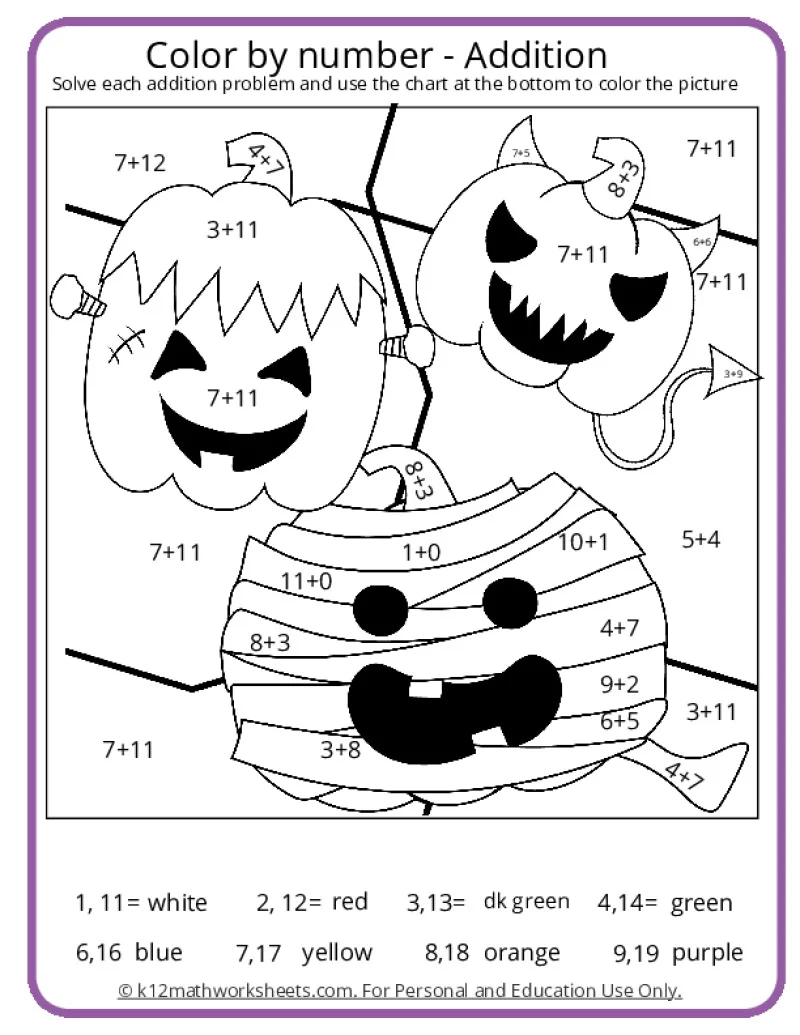 Halloween Color By Number Pages K12 Math Worksheets