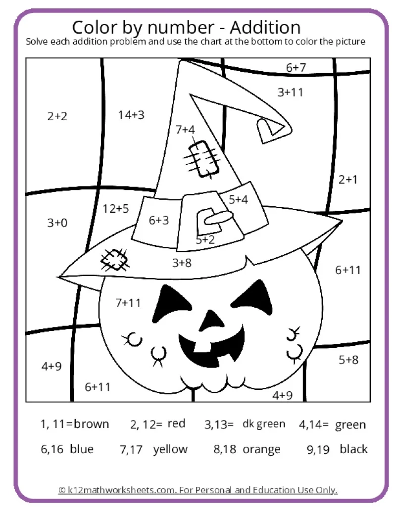 Halloween Color By Number Pages K12 Math Worksheets