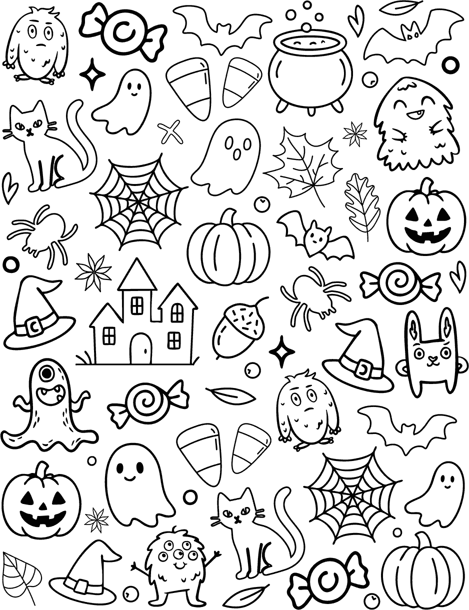 Halloween Icons Free Coloring Page For Kids