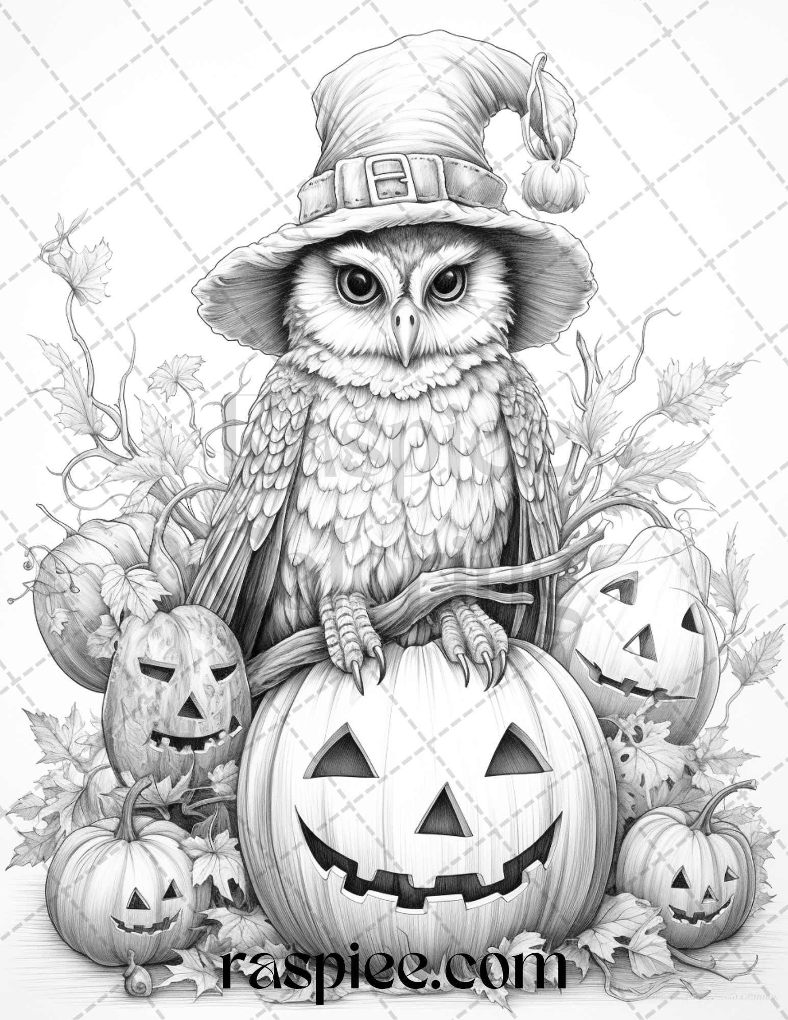 Halloween Witch Owl Grayscale Coloring Pages For Adults And Kids Prin RASPIEE