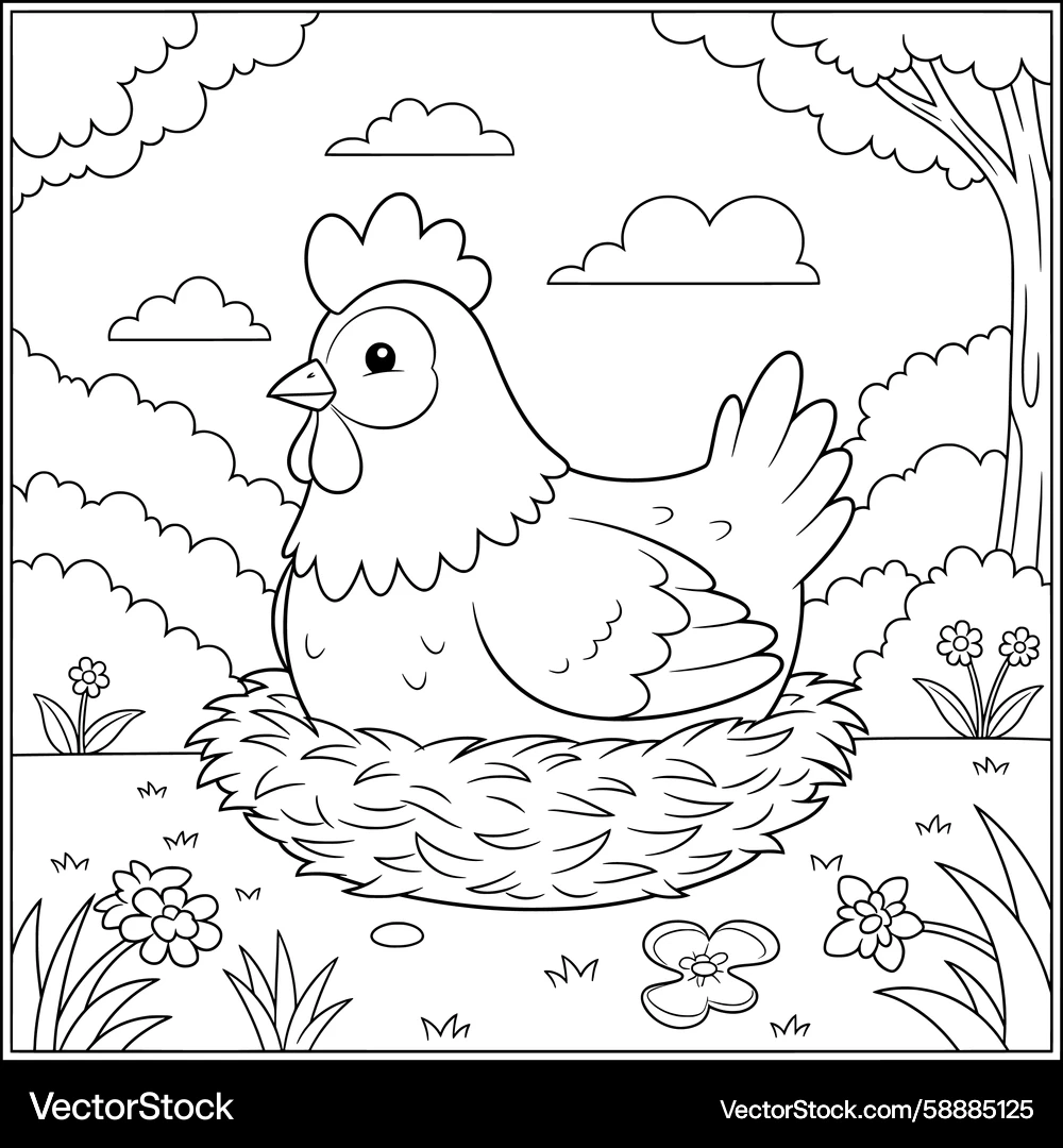 Hen In Nest Coloring Page Cute Farm Bird Sitting Royalty Free Vector VectorStock Hen In Nest Coloring Page Cute Farm Bird Sitting Royalty Free Vector VectorStock