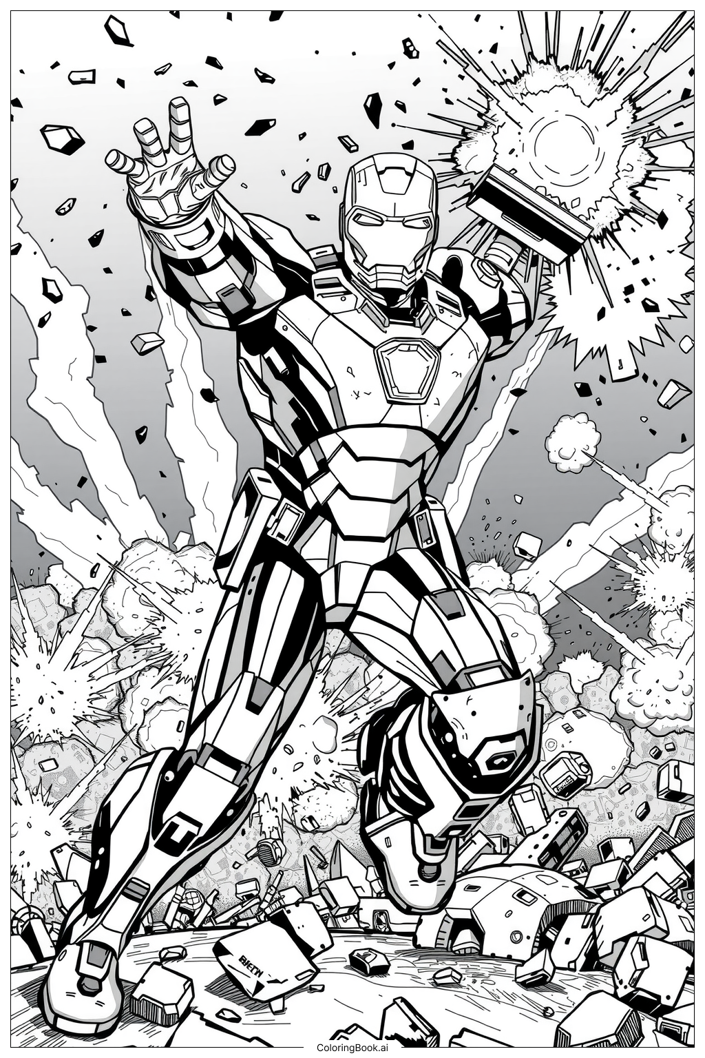 Iron Man Mark 85 With Explosions Coloring Page Free PDF PNG Printable 