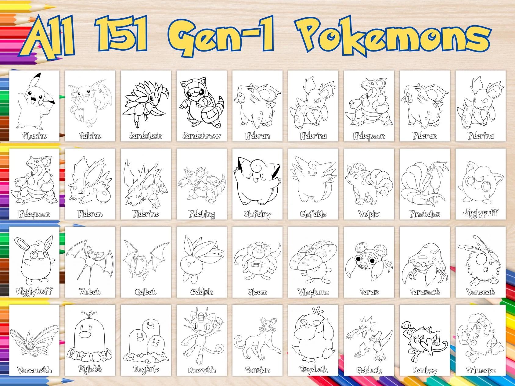 Kanto Pokemon Coloring Book All 151 Gen 1 Printable Pages PDF Etsy
