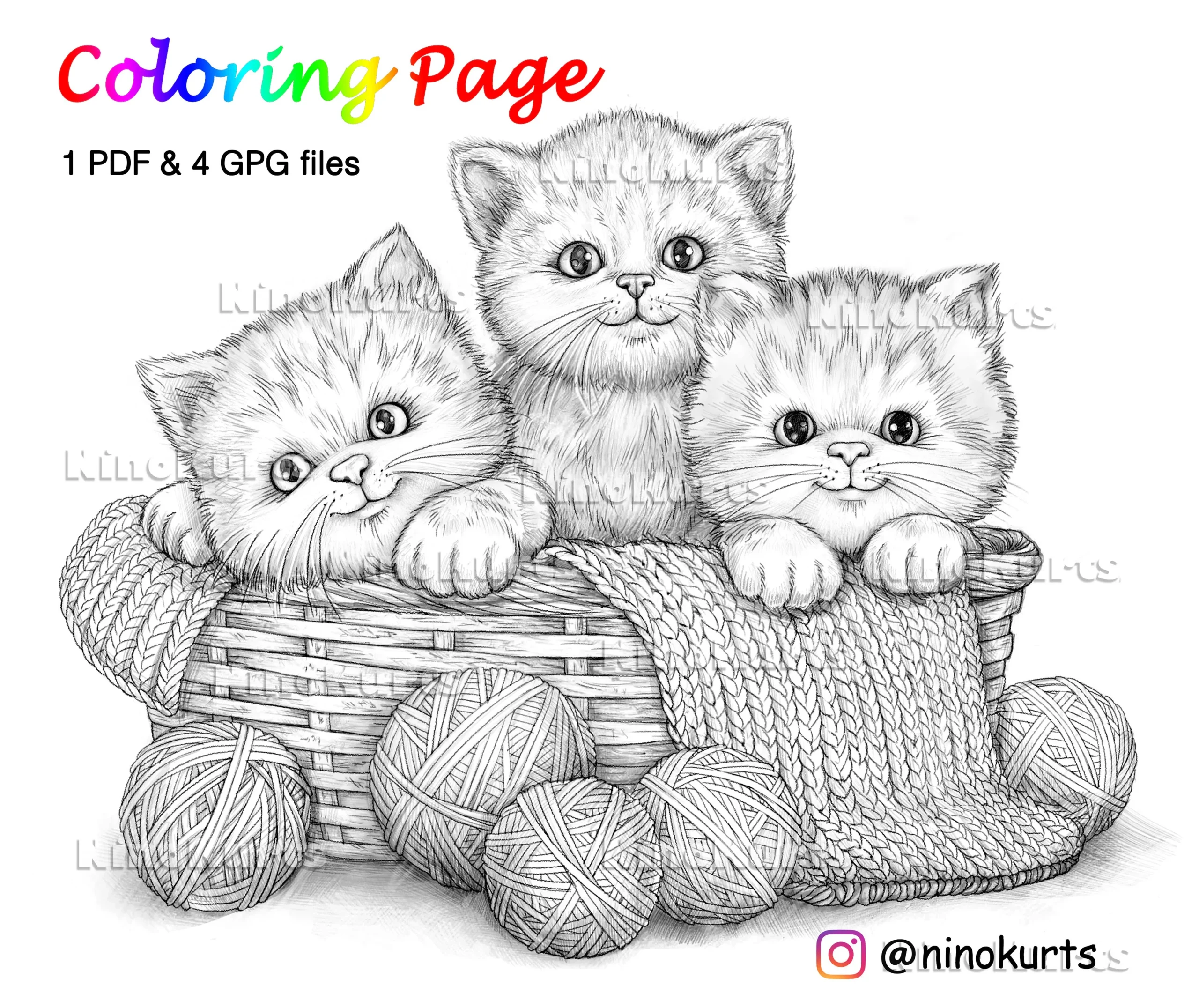 Kittens Coloring Page Antistress Printable JPG PDF Etsy