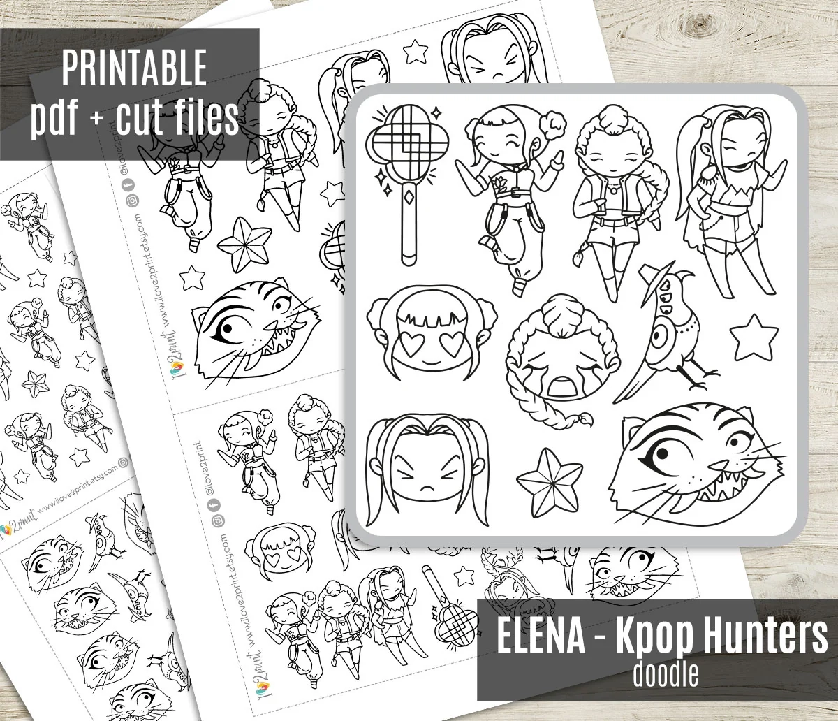 KPOP Demon Hunters Fan Art Stickers Doodle Printable Set Elena Styl Ilove2Print