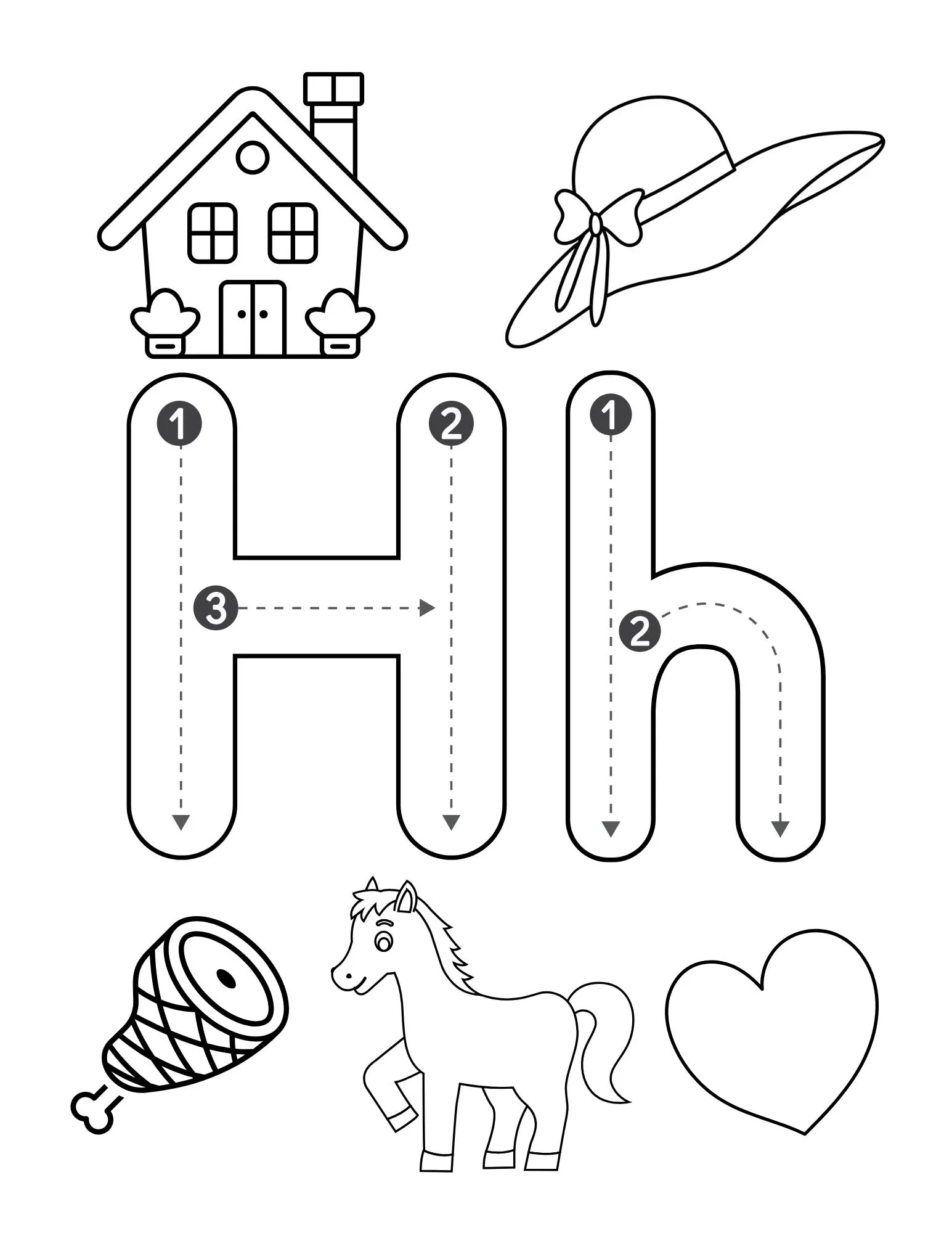 Letter H Coloring Page Hat Horse House Heart Ham Tracing Etsy