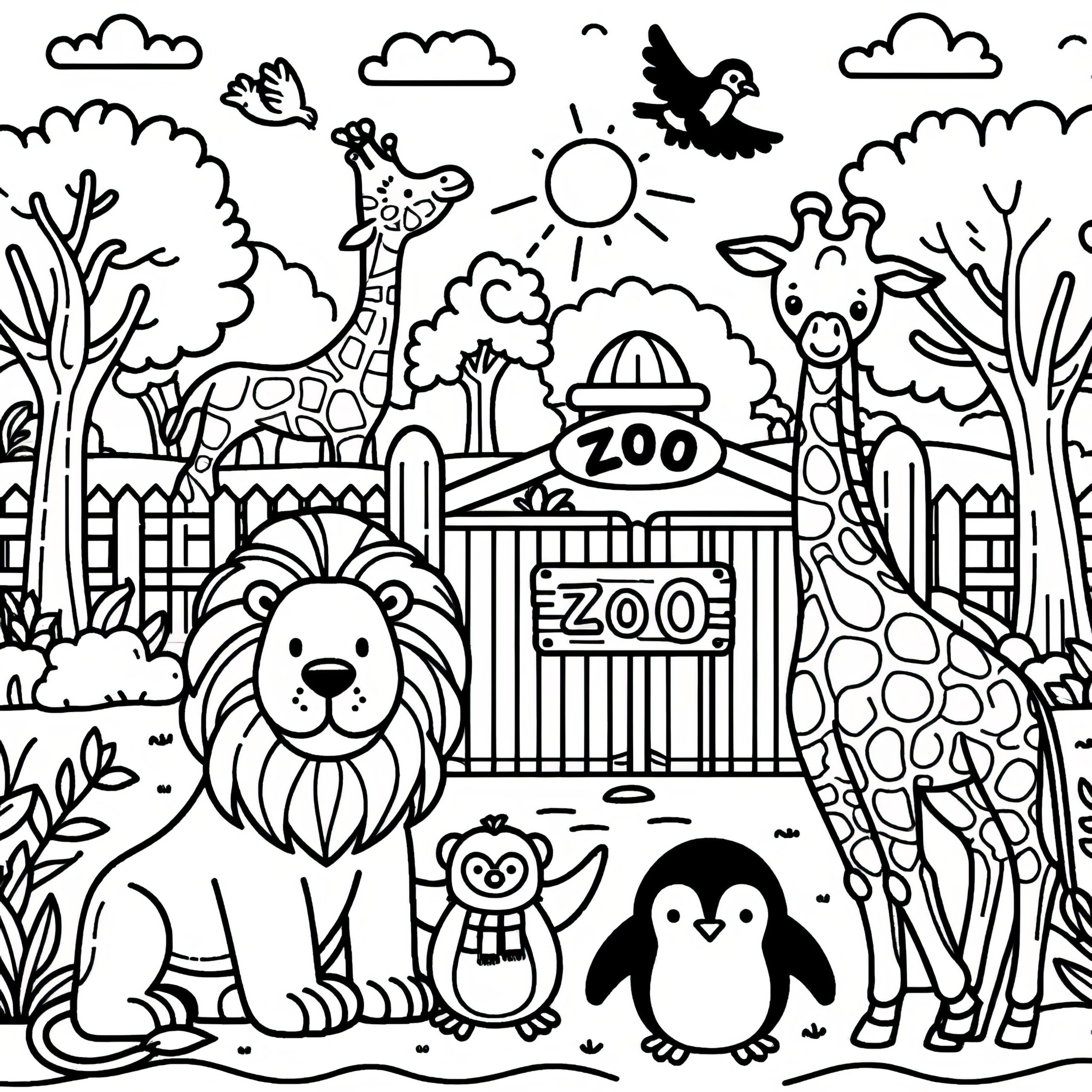 Lion Giraffes And Penguin At The Zoo Cute Coloring Picture For Download Free 