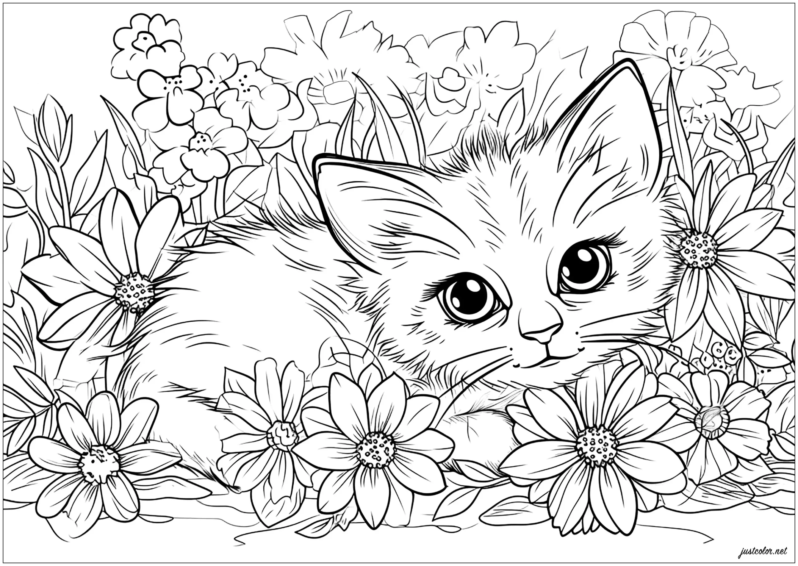 Little Cat To Color Surrounded By Pretty Flowers Cat Coloring Pages For Adults