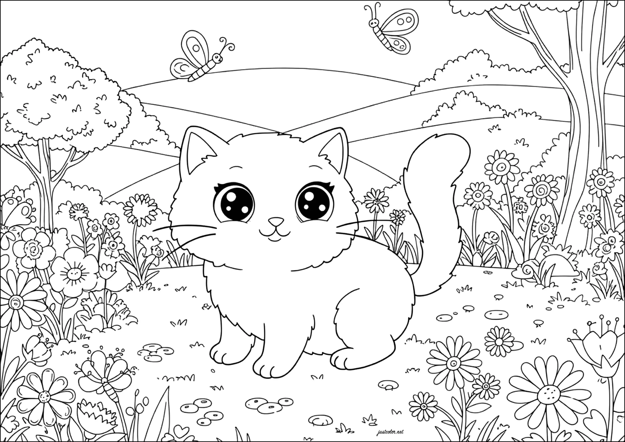 Little Kitten Amazed By Butterflies Cat Coloring Pages