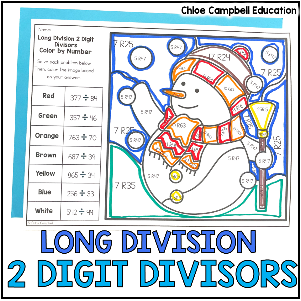 Long Division With 2 Digit Divisors 5th Grade Winter Math Color By Number Chloe Campbell Education