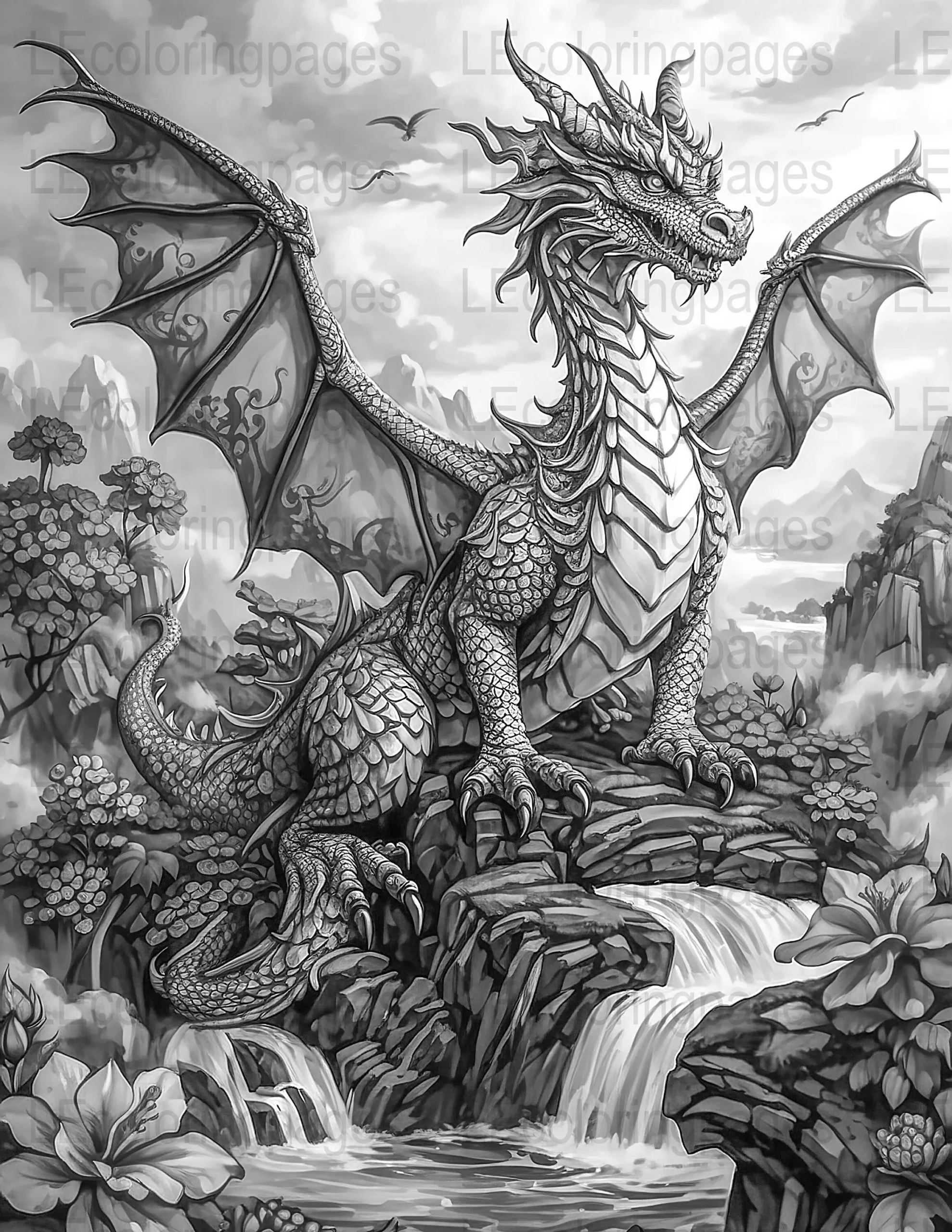 Majestic Dragon Coloring Page For Adults Grayscale Fantasy Artwork digital Download Etsy
