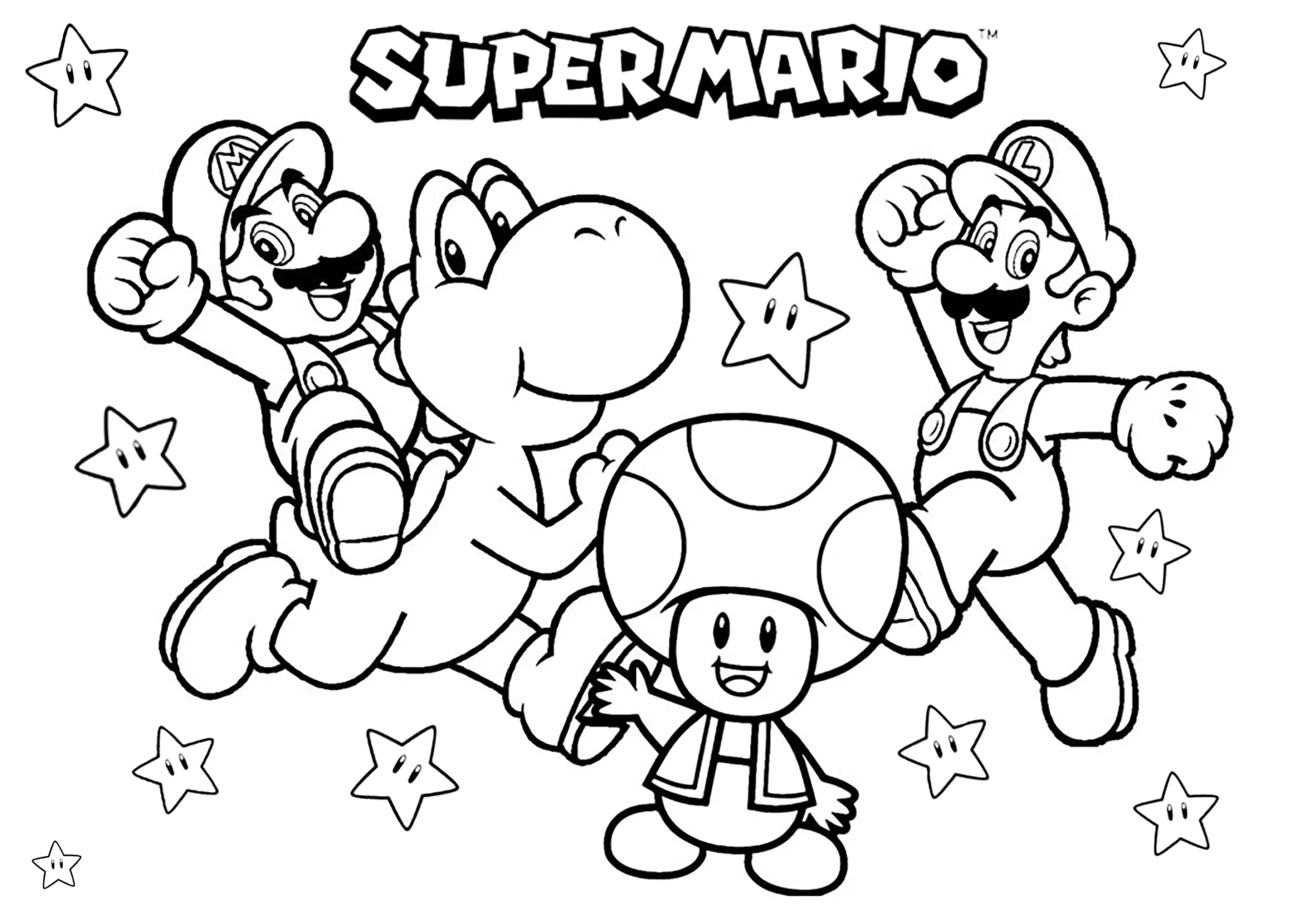 Mario Luigi Yoshi And Toad With Many Stars Super Mario Bros Coloring Pages Mario Luigi Yoshi And Toad With Many Stars Super Mario Bros Coloring Pages