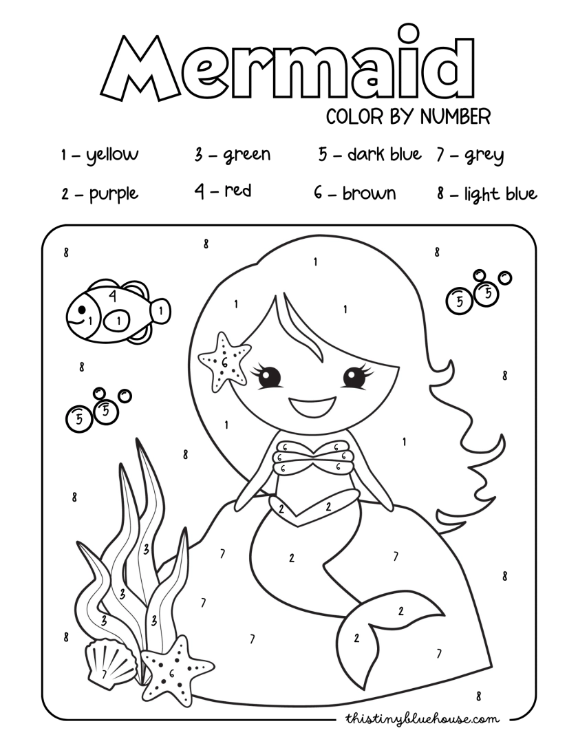 Mermaid Color By Number This Tiny Blue House
