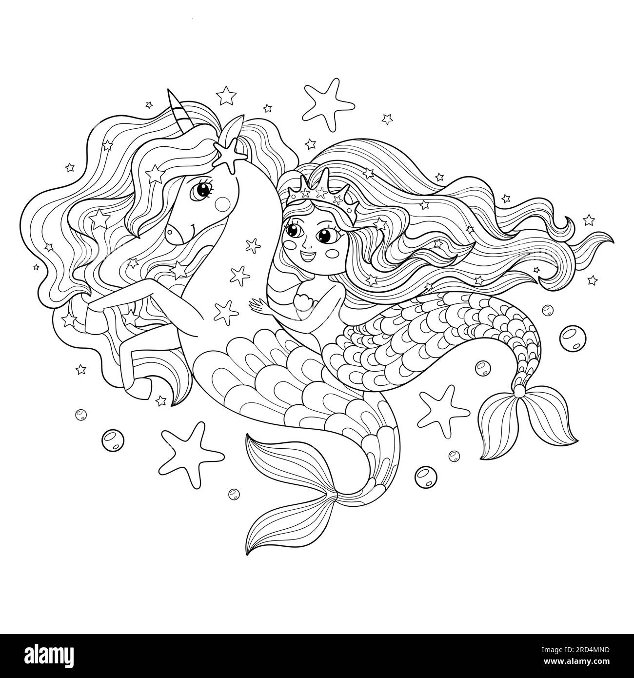 Mermaid Princess Coloring Page Black And White Stock Photos Images Alamy