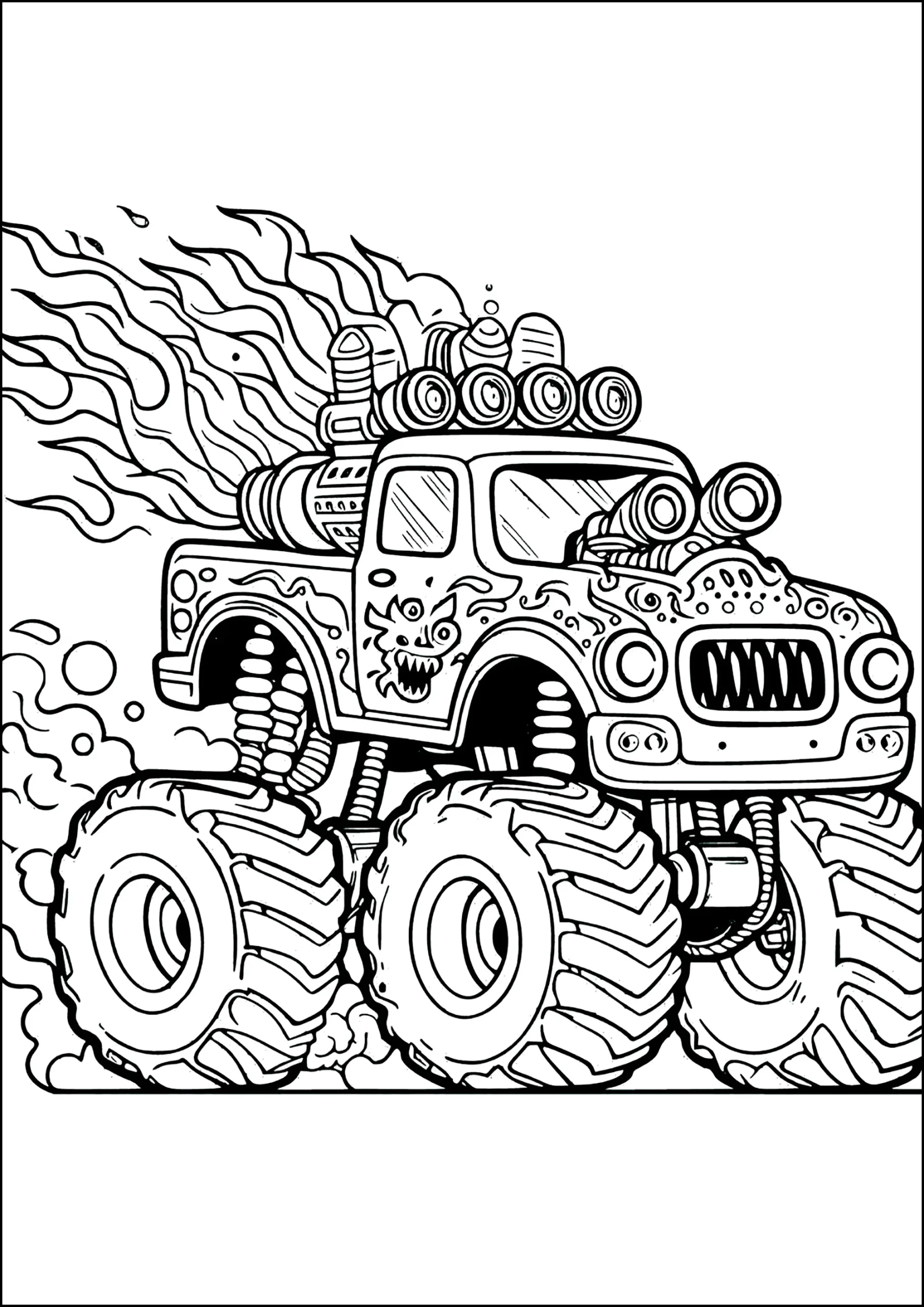 Monster Truck With Flames Coming Out Of Its Huge Exhaust Pipes Monster Truck Coloring Pages