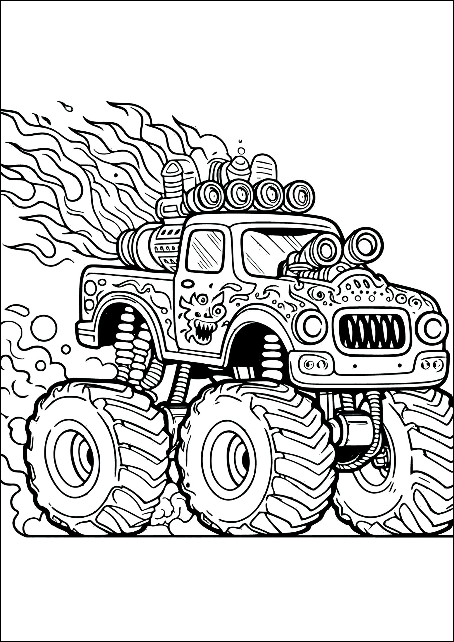 Monster Truck With Flames Coming Out Of Its Huge Exhaust Pipes Monster Truck Coloring Pages