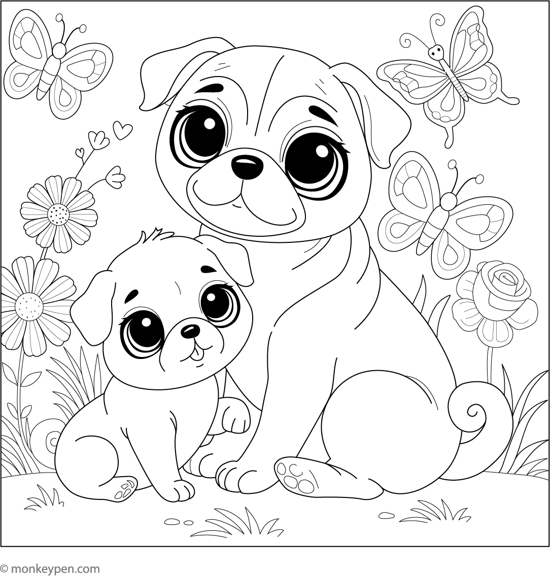 Mother And Baby Pug Printable Coloring Page PDF