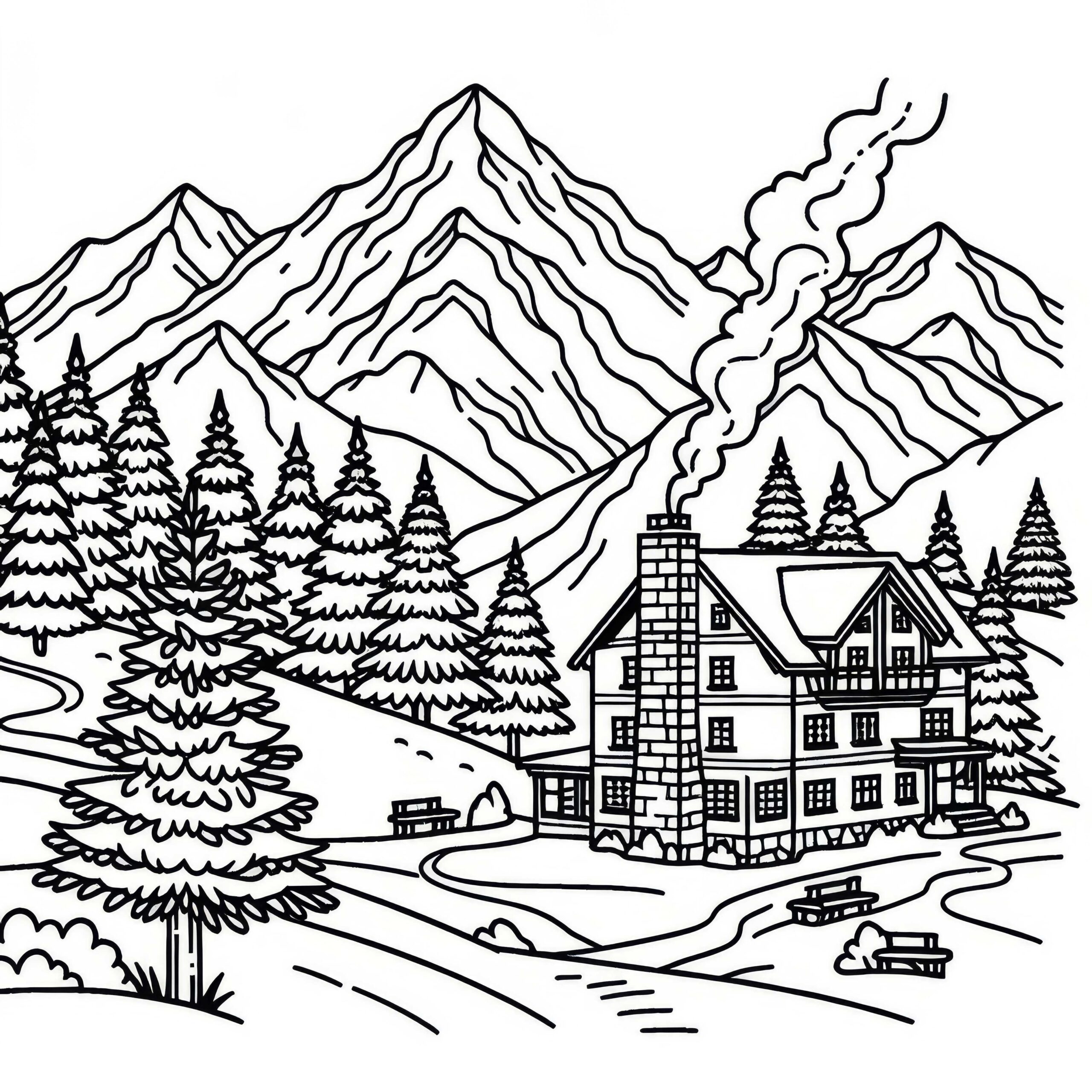 Mountain Cabin With Smoking Chimney In The Mountains Free Coloring Page