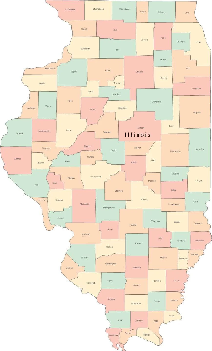 Multi Color Illinois Map With Counties And County Names