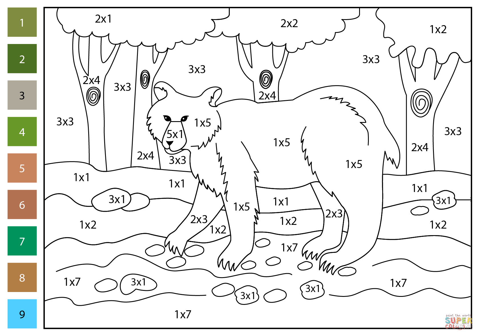 Multiplication Color By Number Brown Bear Coloring Page Free Printable